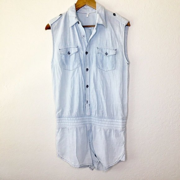 7 For All Mankind S Chambray Romper Light Blue Jea - Picture 2 of 8